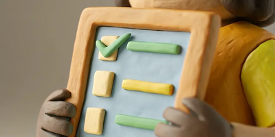 A clay figure holding a tablet-like object, featuring a checklist with a prominent green checkmark at the top. The checklist is simple, with three rectangular fields of varying colors on a blue background