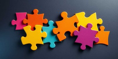 Colorful puzzle pieces arranged on dark background showing diversity and interconnection in complex systems analysis.