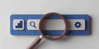 A digital illustration of a search bar interface with a magnifying glass hovering over it, featuring icons for analytics, search, and settings on a blue background