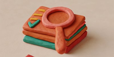 Creative clay sculpture depicting stacked research papers or documents with a magnifying glass on top, featuring a checkmark and tally marks. The sculpture uses coral, turquoise, and yellow accents to represent the exploratory nature of scoping reviews an